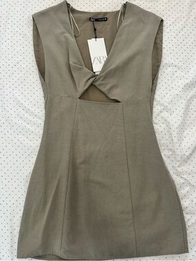 Zara Olive Green Dress Blend V-Neck Knot Dress – Above Knee – Size S – NWT